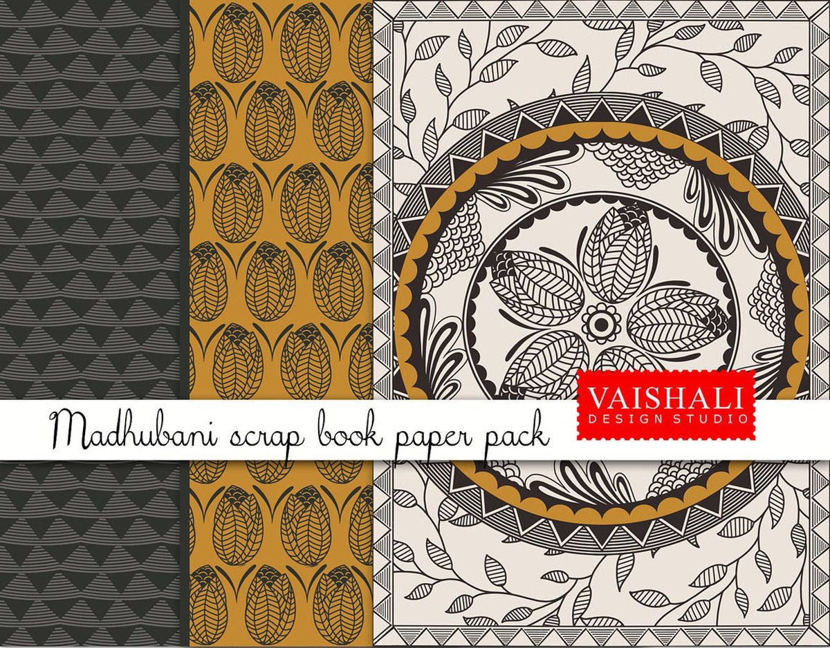 Indian Ethnic prints, Madhubani art, folk art, mustard and gray colour, 3 sheets, digital print downloads