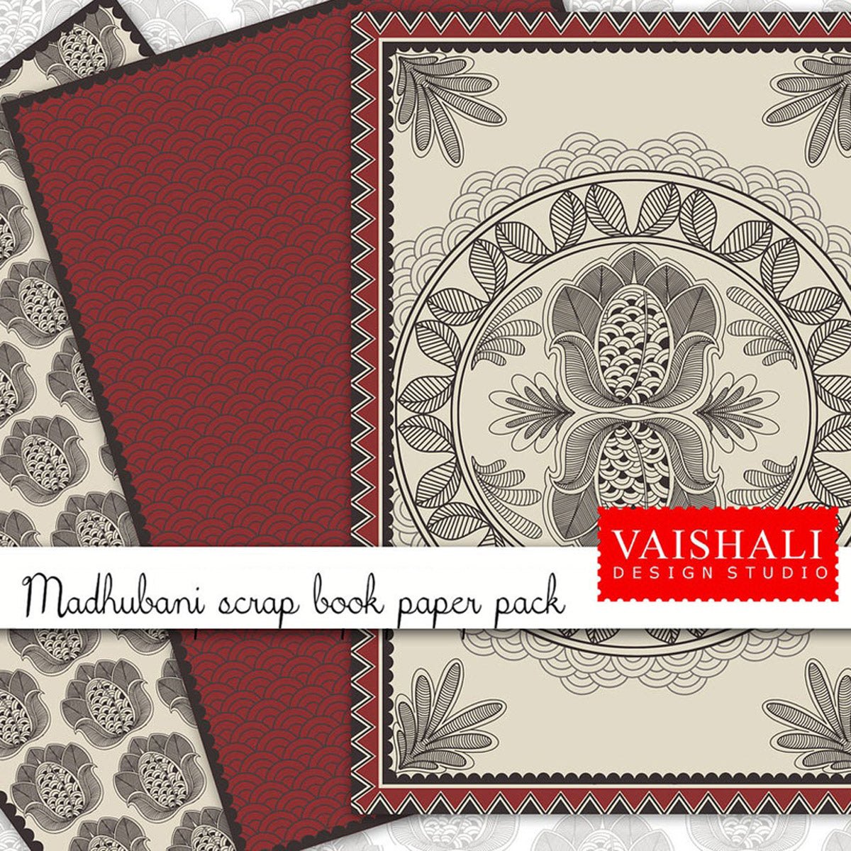 Indian Ethnic prints, Madhubani art, folk art, gray and red colour, 3 sheets, digital print downloads