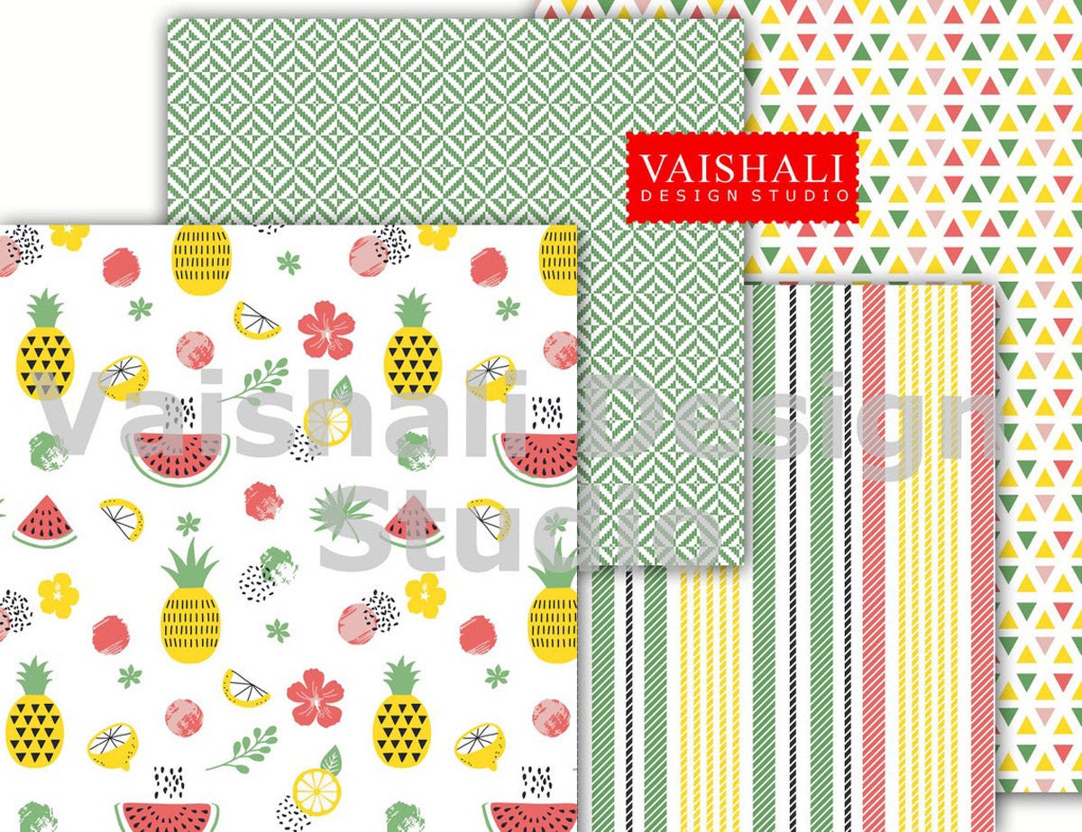 Spring fruity print, geometrical ,textural pattern, seamless pattern, 4 sheets, digital print downloads