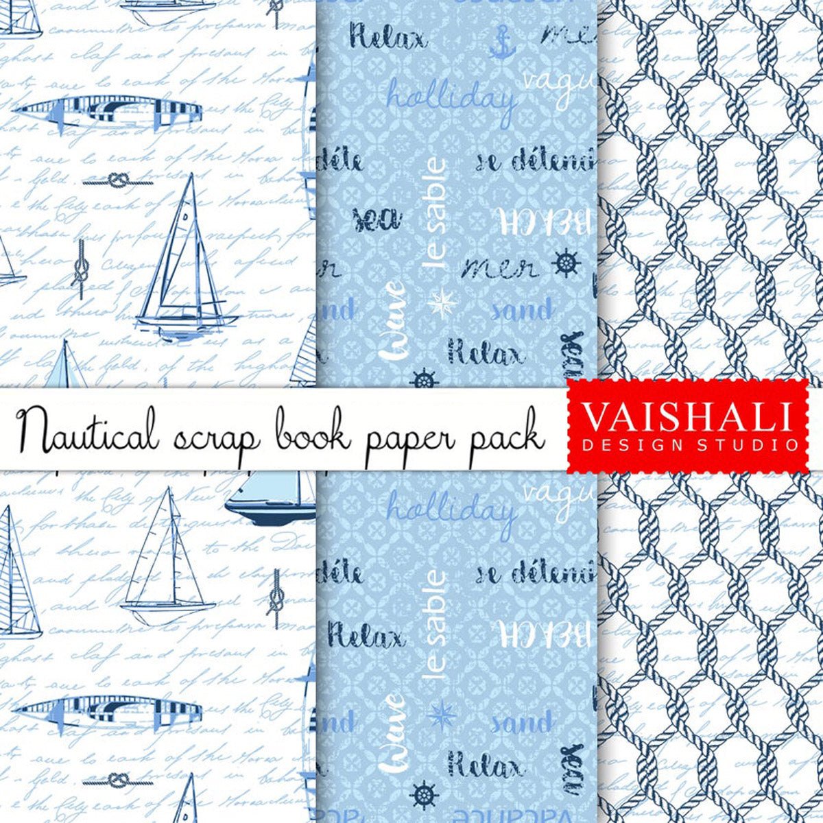 Nautical coordinated prints set, seamless pattern, 3 sheets, digital prints