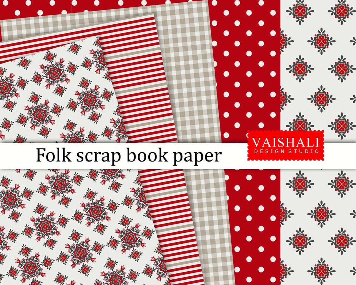 Folk pattern, red with beige color, seamless pattern, 5 sheets, digital print downloads