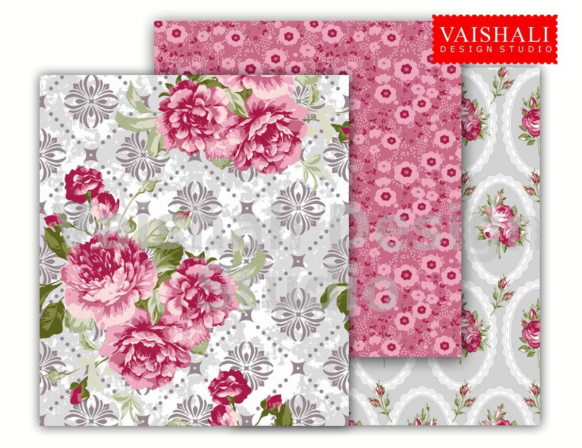 Shabby chic prints,grays with red, seamless pattern, 3 sheets, digital print downloads