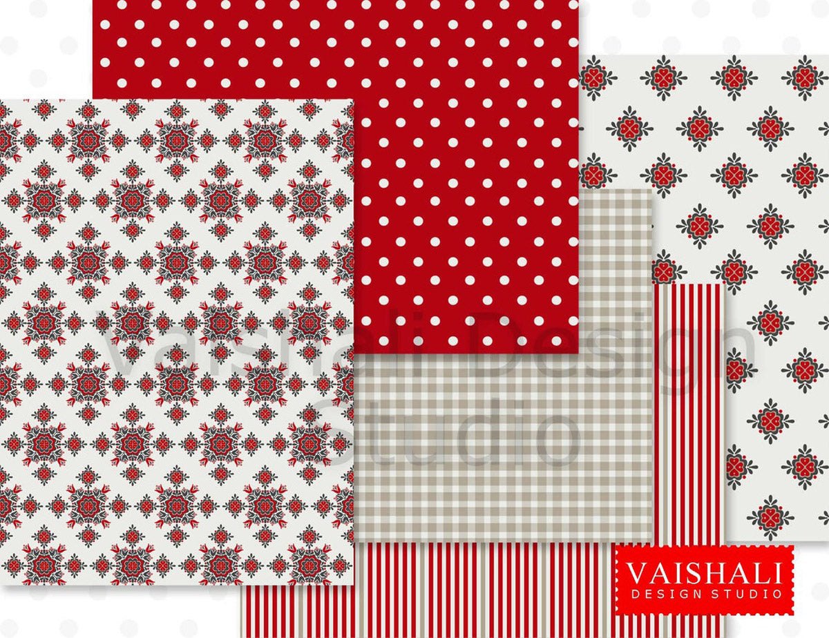 Folk pattern, red with beige color, seamless pattern, 5 sheets, digital print downloads