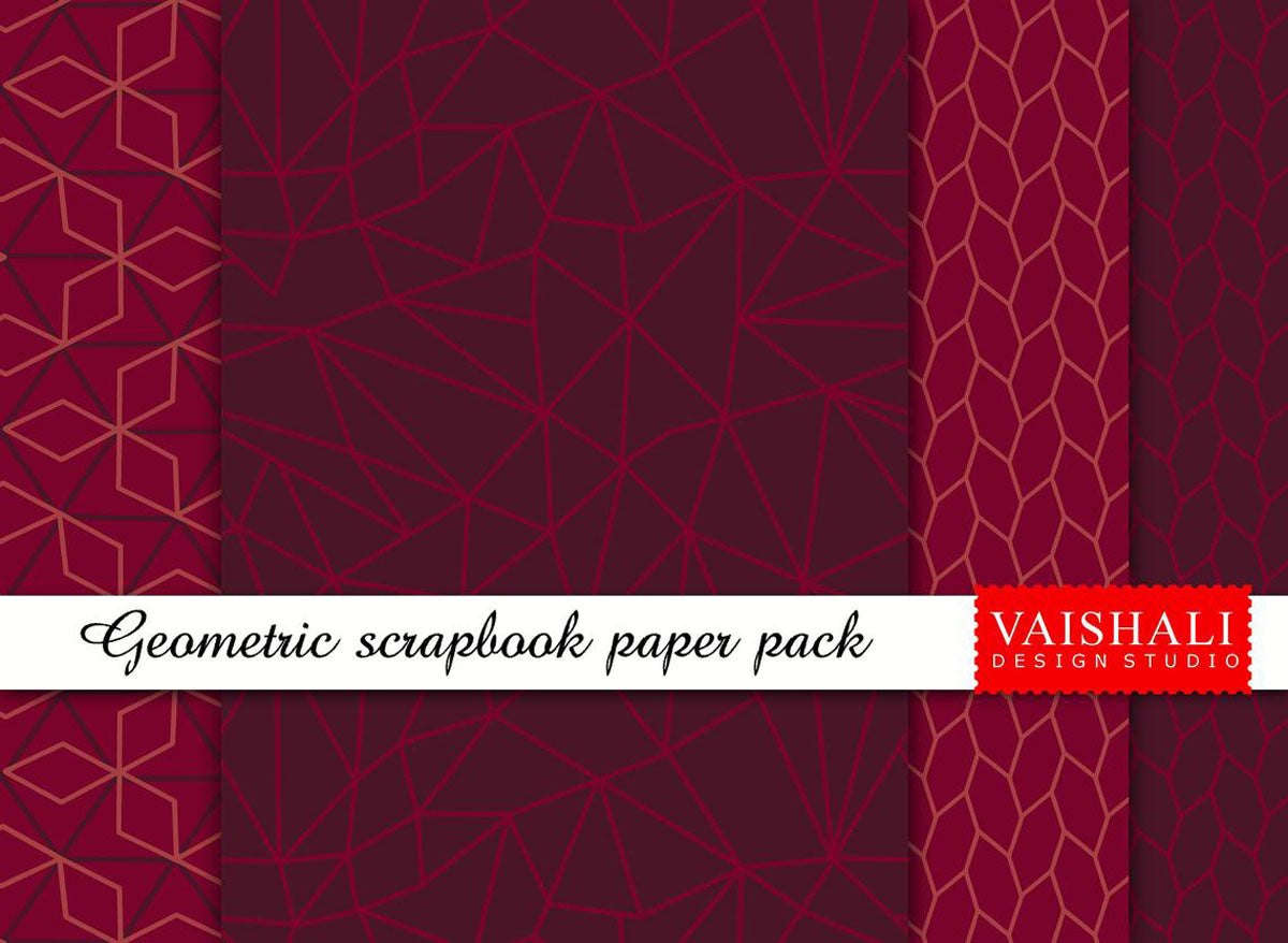 Geometrical pattern ,deep red ,coral colour, 4 sheets, digital print downloads