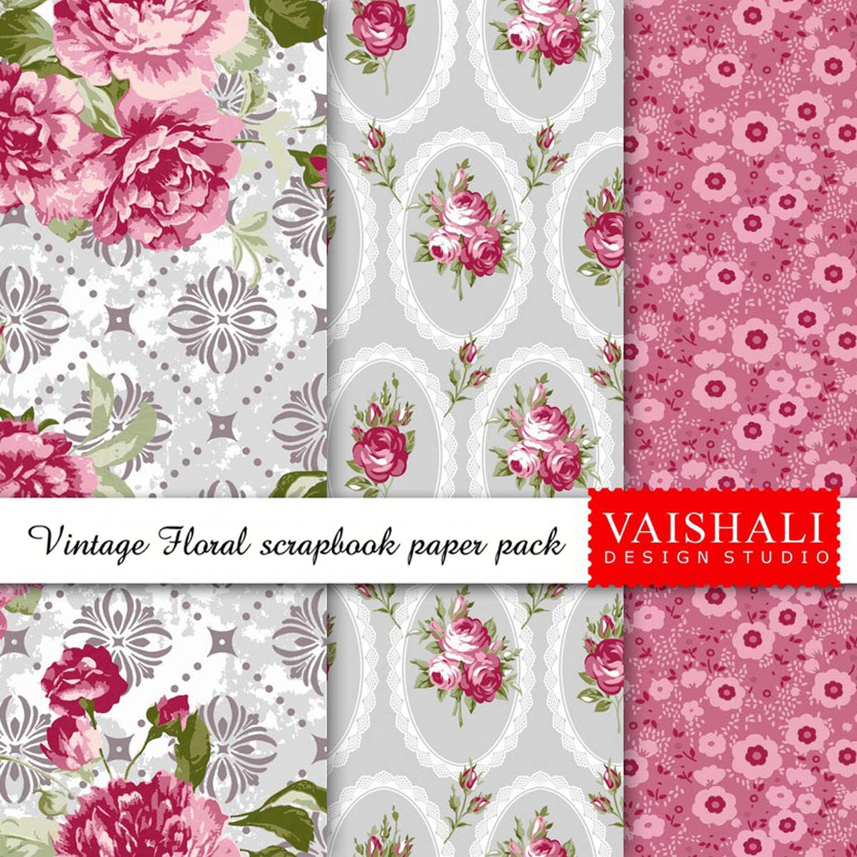 Shabby chic prints,grays with red, seamless pattern, 3 sheets, digital print downloads