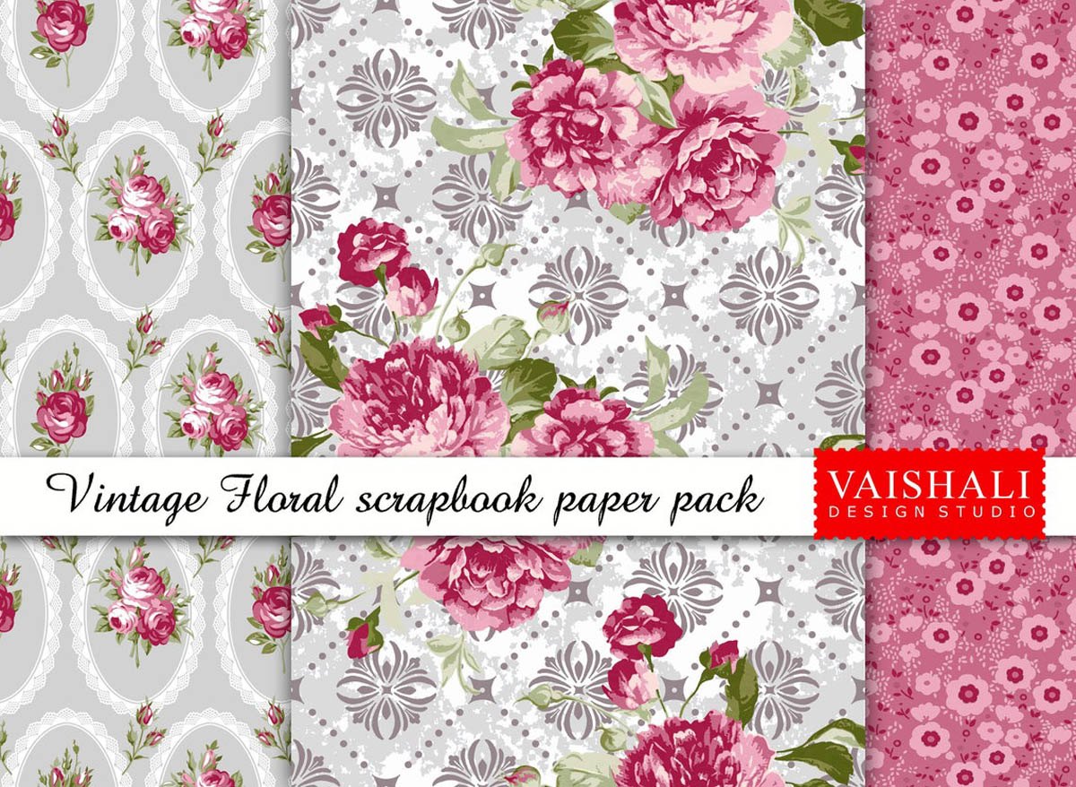 Shabby chic prints,grays with red, seamless pattern, 3 sheets, digital print downloads