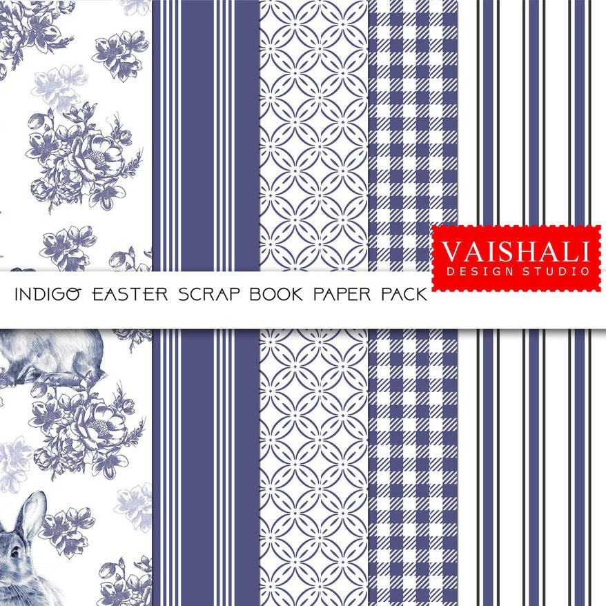 EASTER print, indigo vintage look, floral, gingham,stripe.5 sheets, digital print downloads