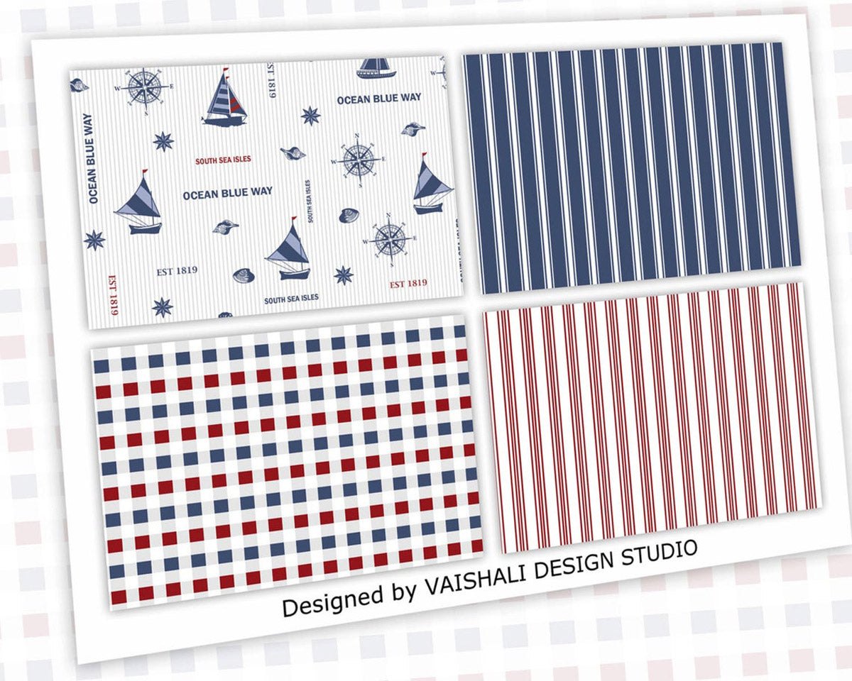 Nautical coordinated prints set, blue and red colour, seamless pattern, 5 sheets, digital prints