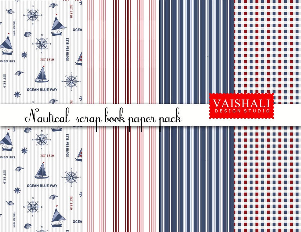 Nautical coordinated prints set, blue and red colour, seamless pattern, 5 sheets, digital prints
