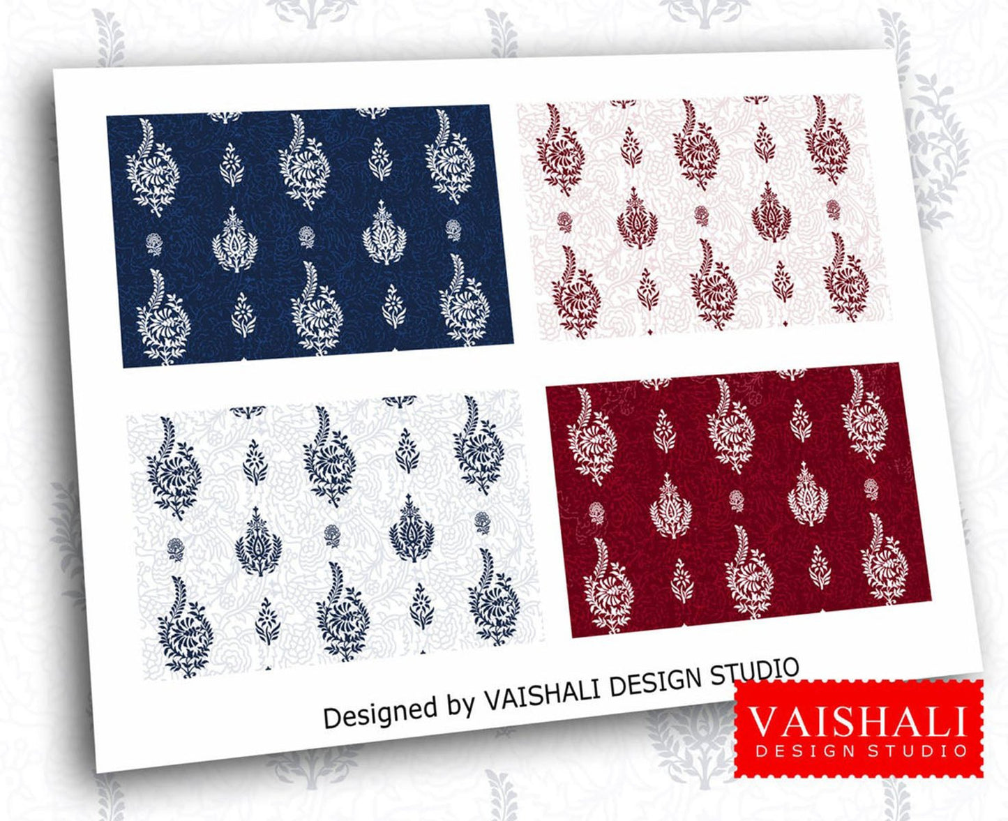 Indian Block print, Digital print pack, indigo and deep red, 5 sheets