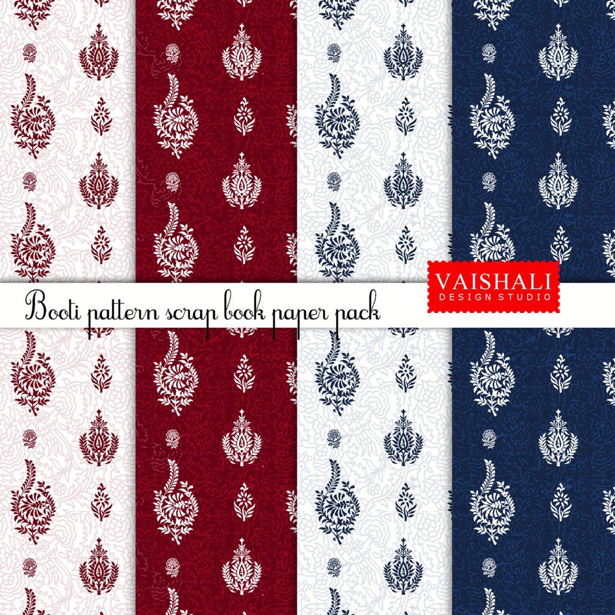 Indian Block print, Digital print pack, indigo and deep red, 5 sheets