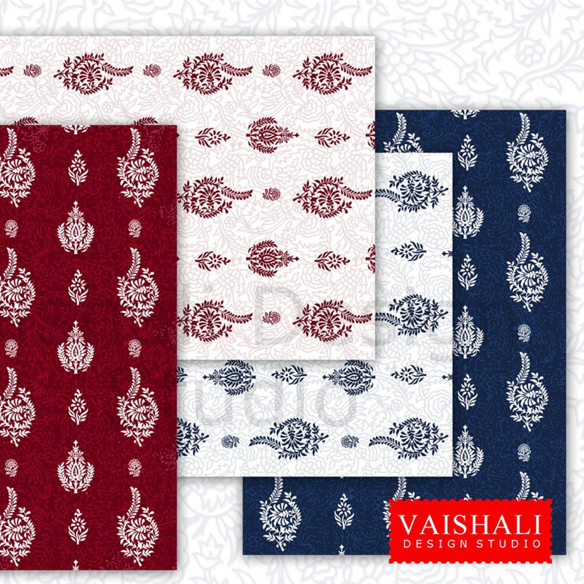 Indian Block print, Digital print pack, indigo and deep red, 5 sheets