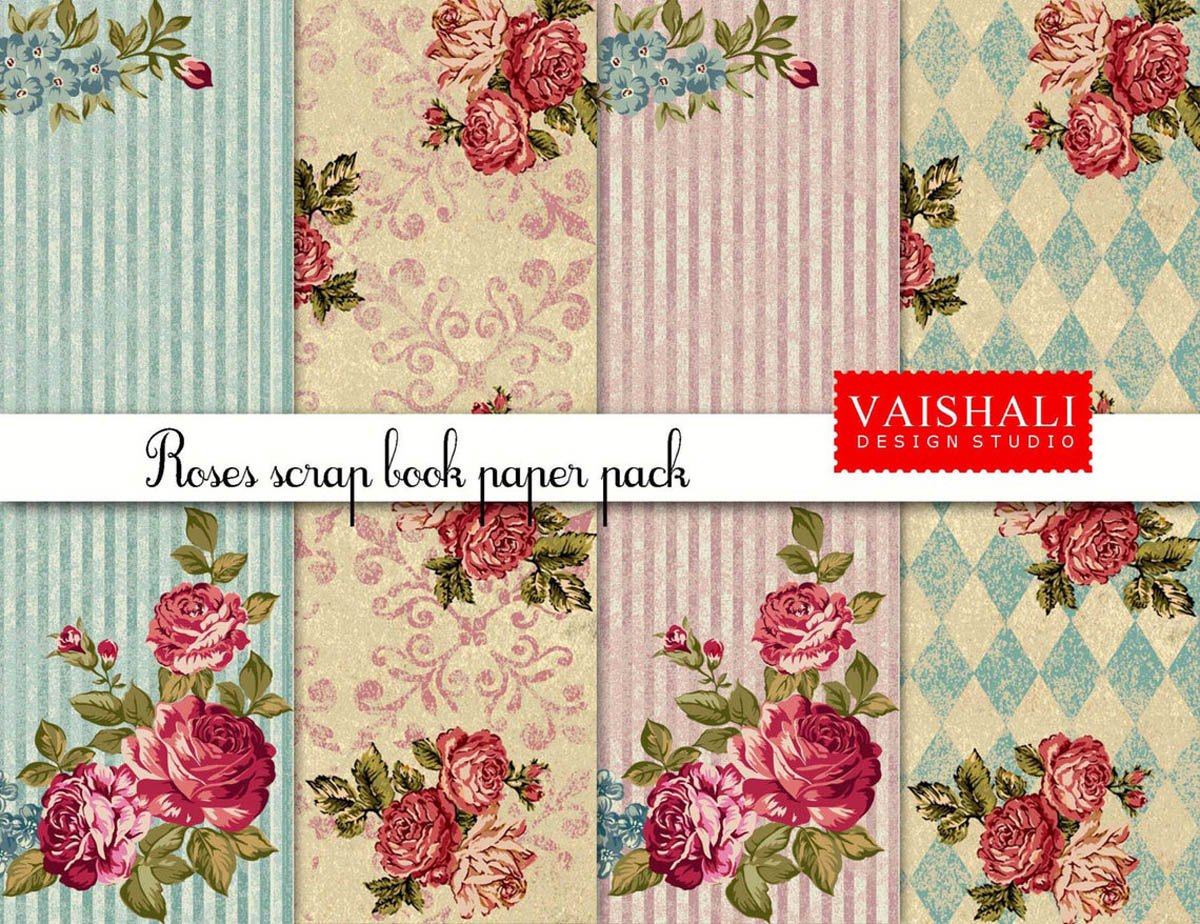 Roses bunch, shabby chic prints, pre-made page, 4 sheets, digital print downloads
