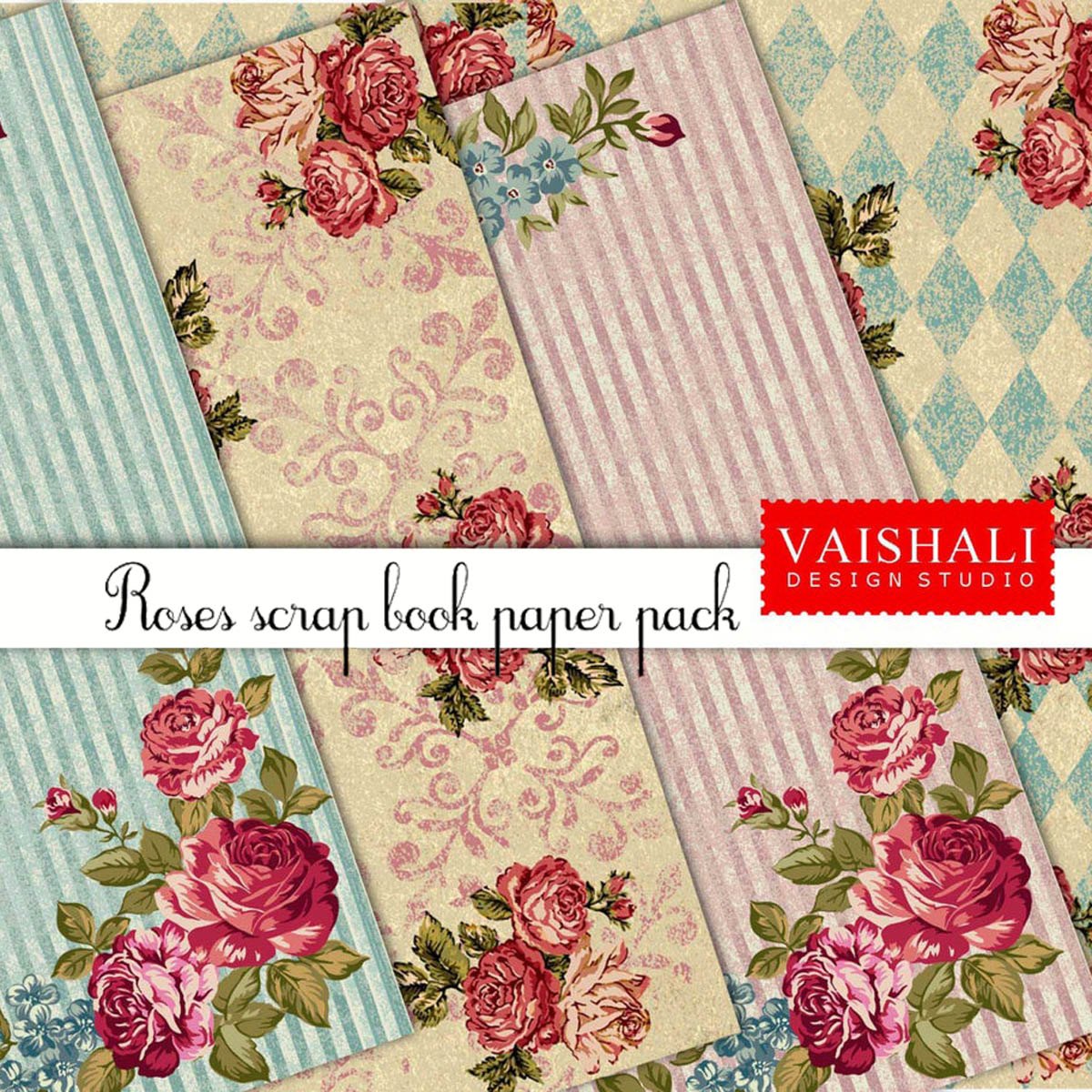 Roses bunch, shabby chic prints, pre-made page, 4 sheets, digital print downloads