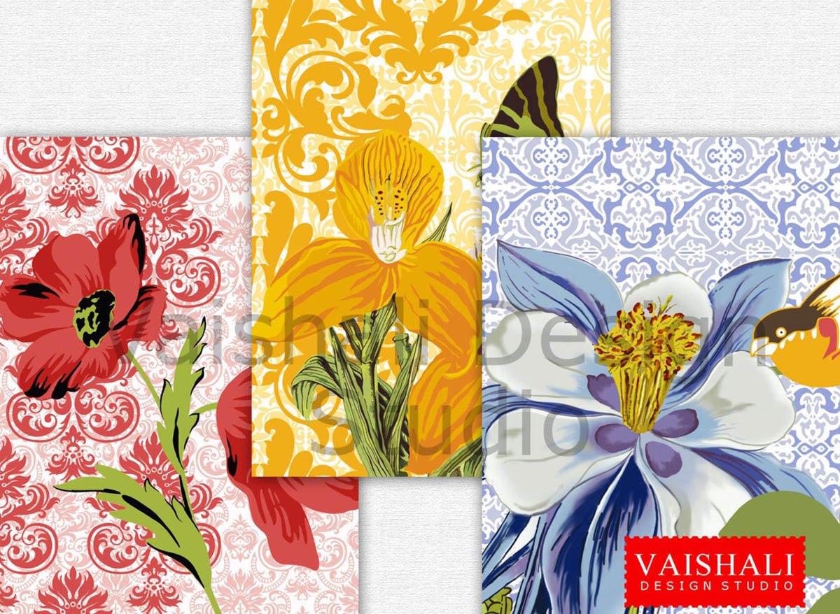 Tuscan patterns, multicoloured, pre-made pages, 3 sheets, digital prints