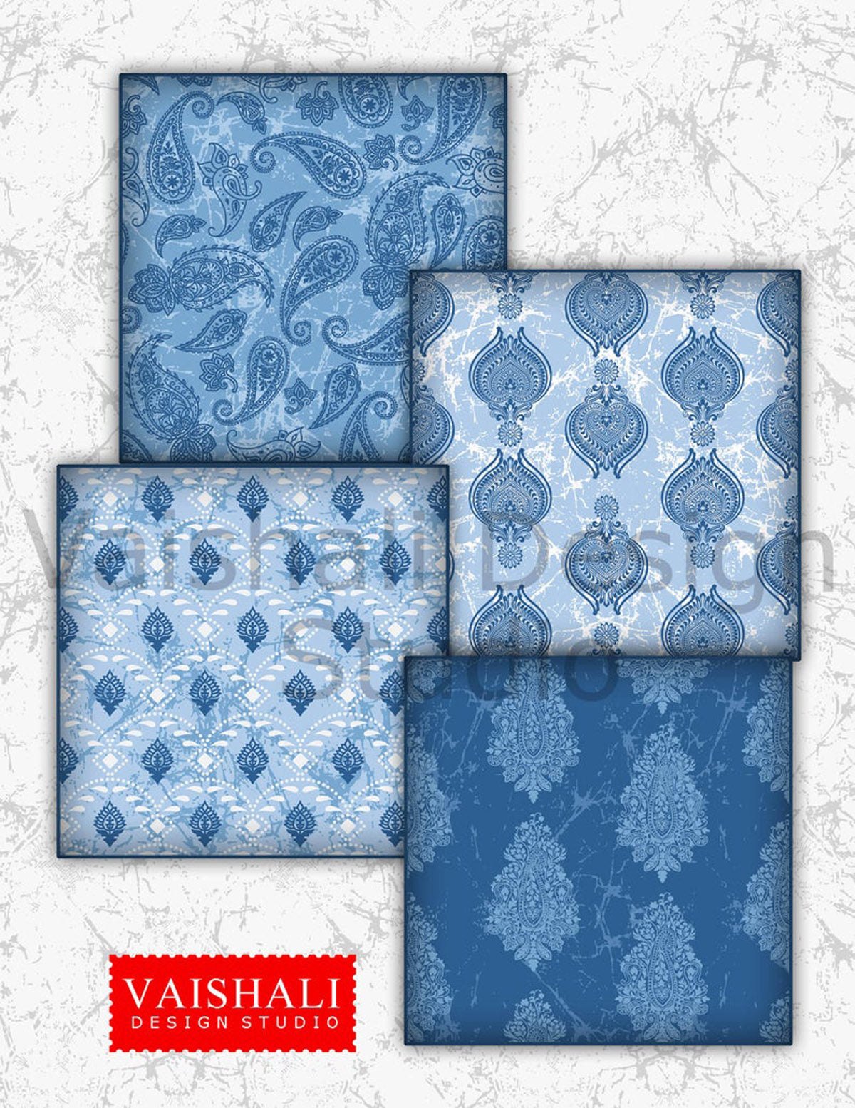 Batik texture with block print coasters, set of 4 designs, 3.8"X3.8"