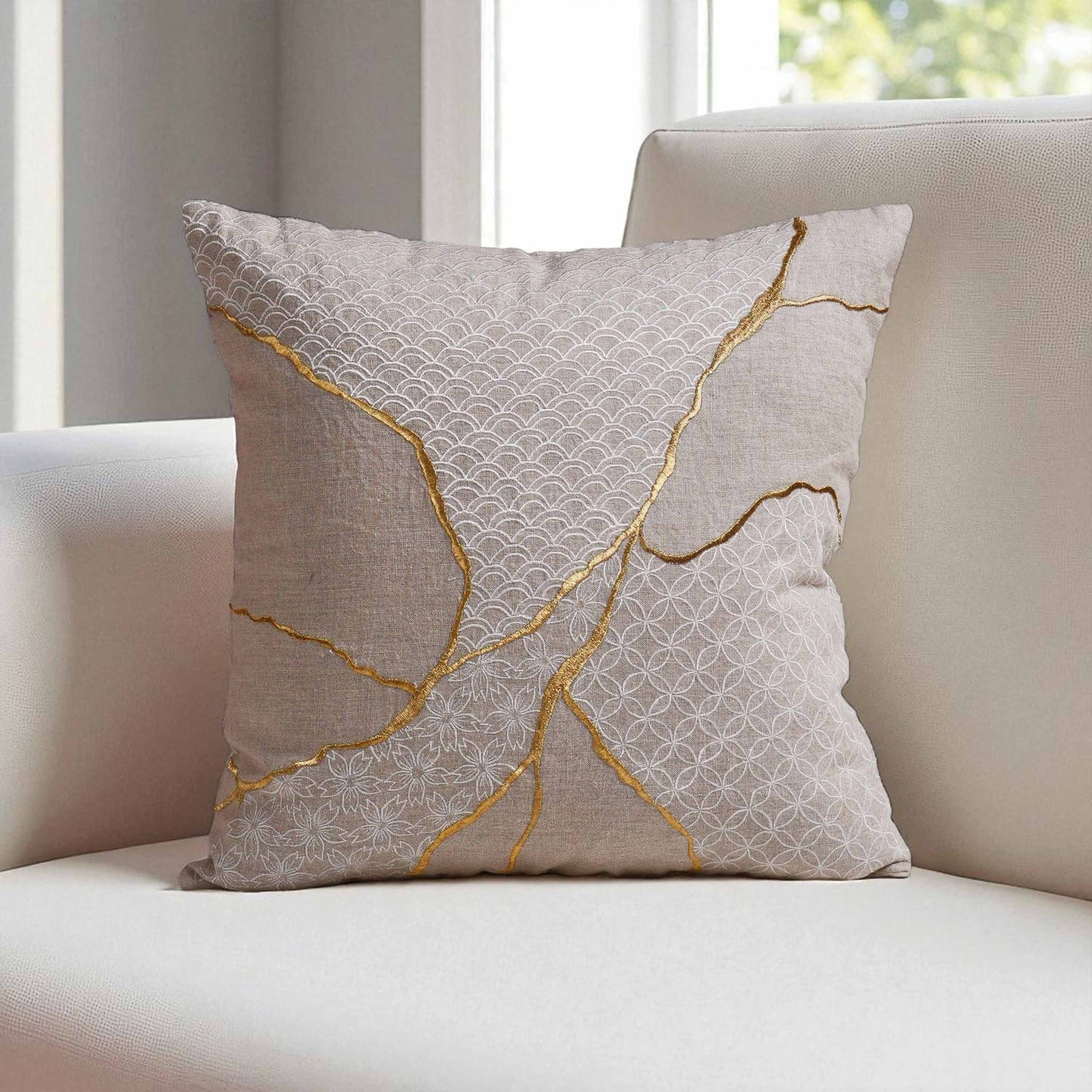 KINTSUGI Embroidered Linen Pillow Cover – 18x18 Inch, Gold & White Embroidery, Big Mend