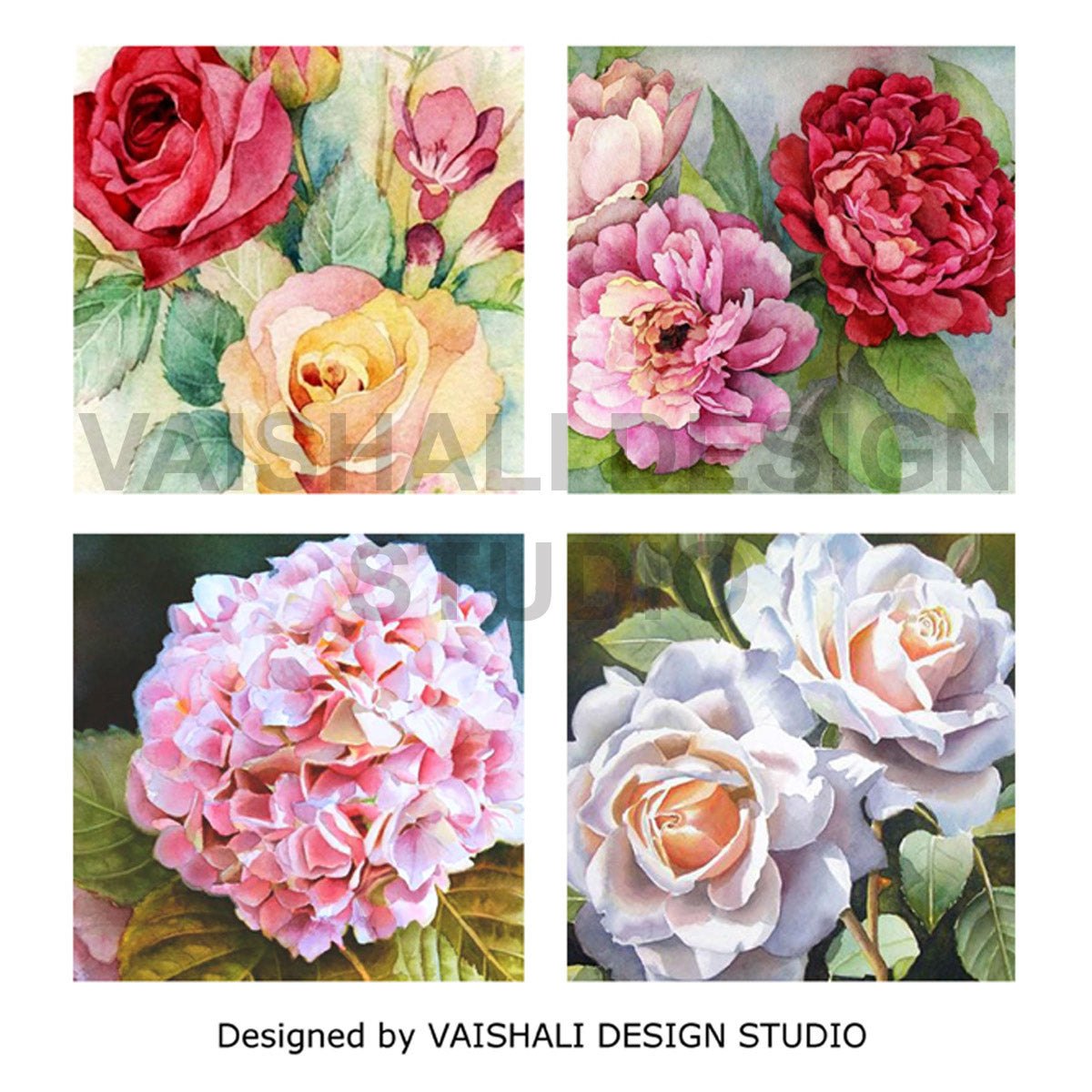 Watercolor floral, printable coasters, set of 4 designs, 3.8" x 3.8"
