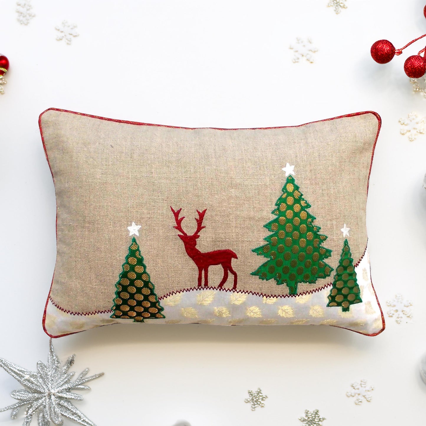 Christmas tree with reindeer cushion cover, linen fabric pillow cover - Vliving