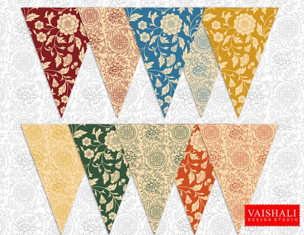Printable trianglular buntings, kalamkari art, 7.5"X5.5"