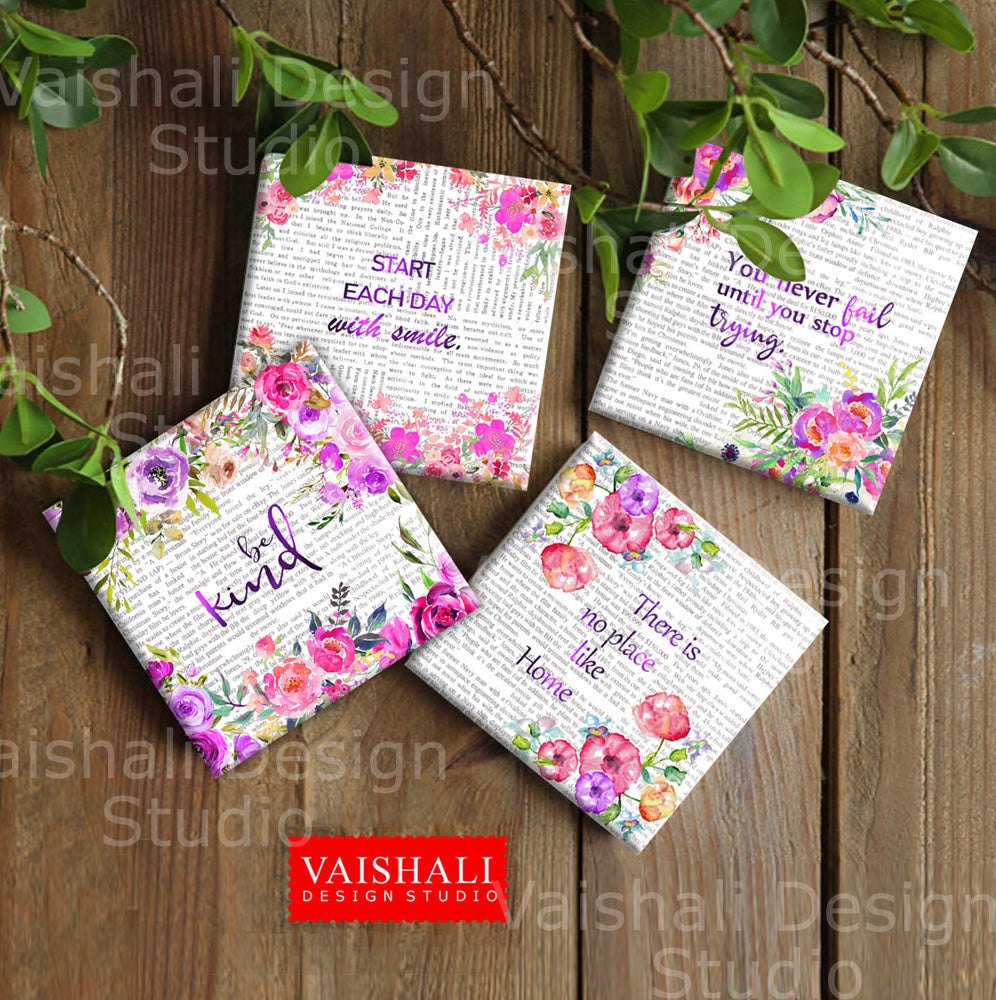 Watercolour florals with quotes, printable coasters, set of 4 designs, 3.8"X3.8"