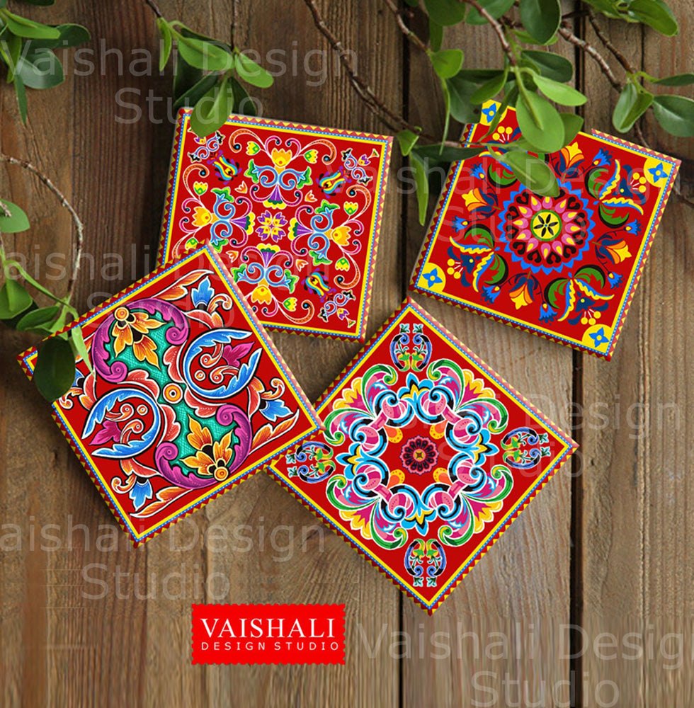 Truck art pattern, printable coasters, set of 4 designs, 3.8"X3.8"