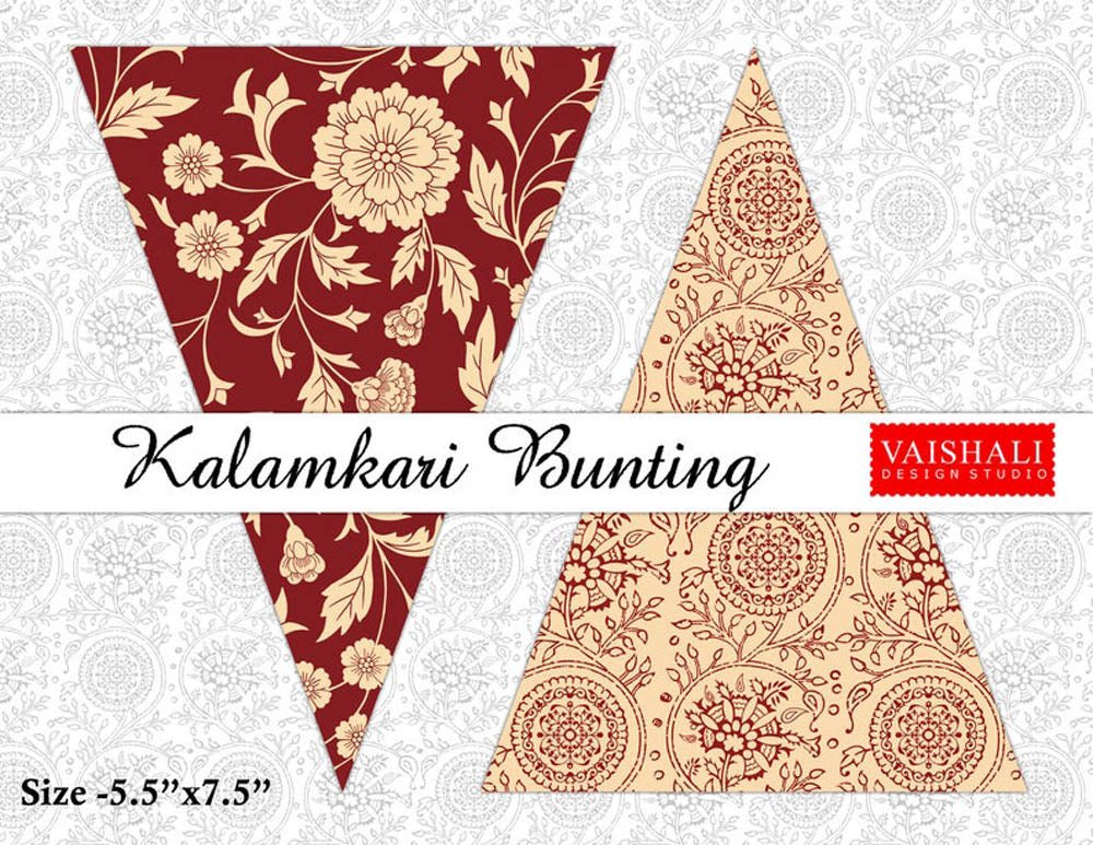 Printable trianglular buntings, kalamkari art, 7.5"X5.5"