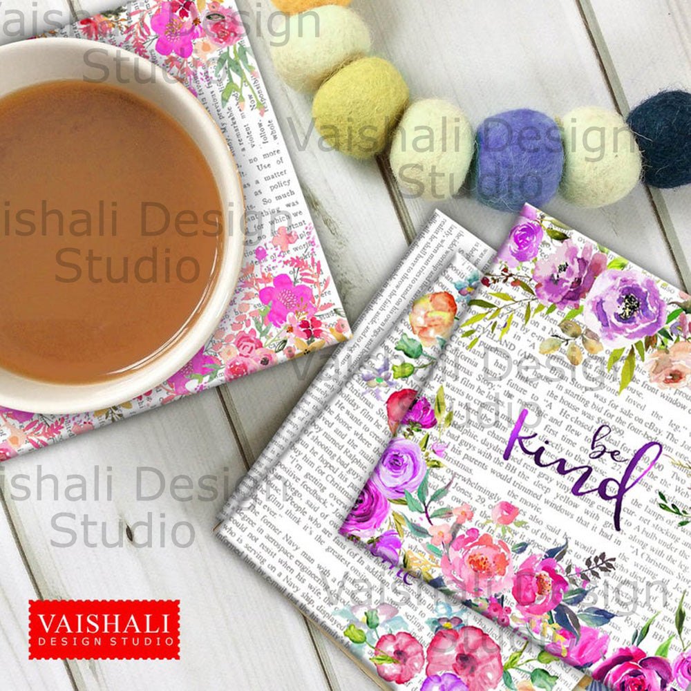 Watercolour florals with quotes, printable coasters, set of 4 designs, 3.8"X3.8"