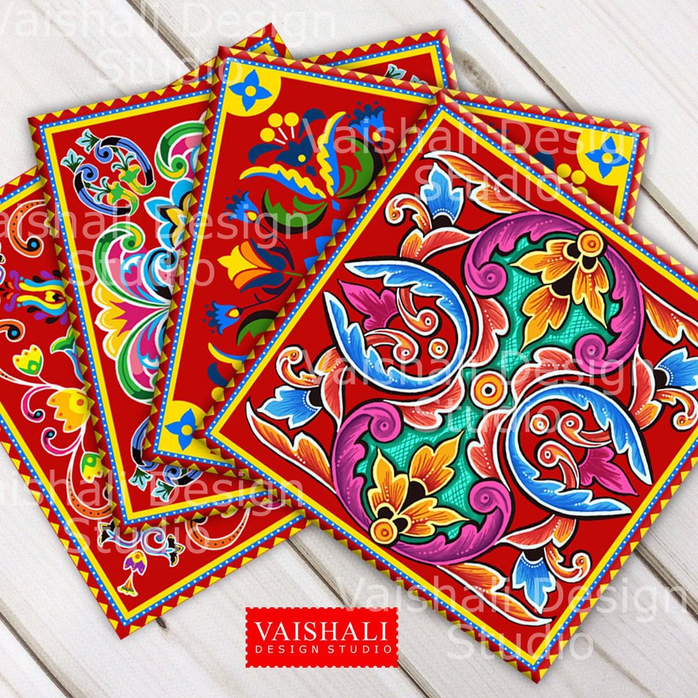 Truck art pattern, printable coasters, set of 4 designs, 3.8"X3.8"