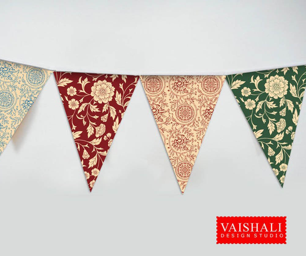 Printable trianglular buntings, kalamkari art, 7.5"X5.5"