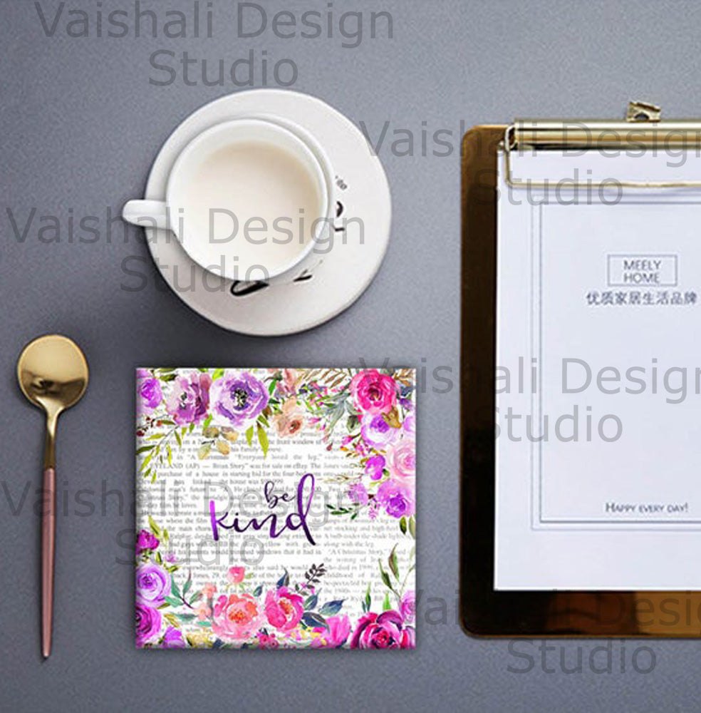 Watercolour florals with quotes, printable coasters, set of 4 designs, 3.8"X3.8"