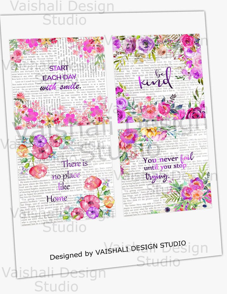 Watercolour florals with quotes, printable coasters, set of 4 designs, 3.8"X3.8"