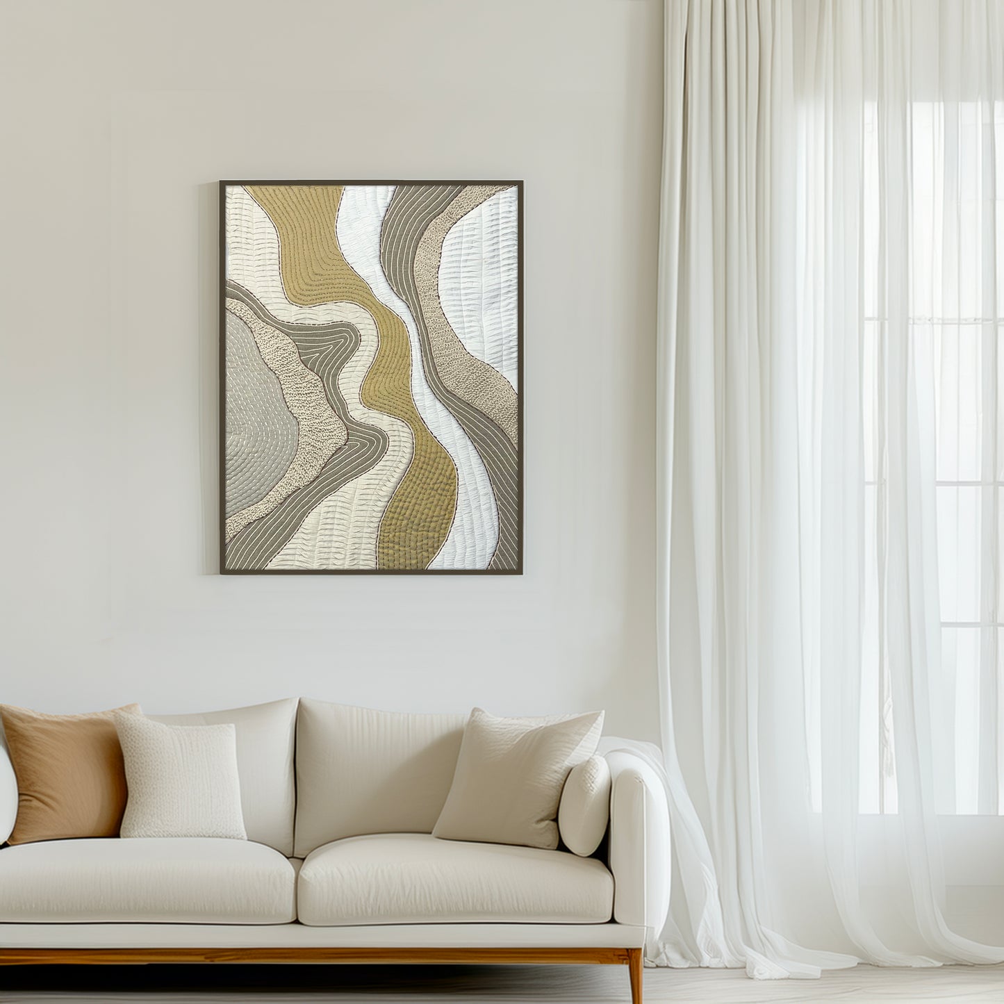 Quilted Textile WALL ART, Natural textures & Gold zari, unframed