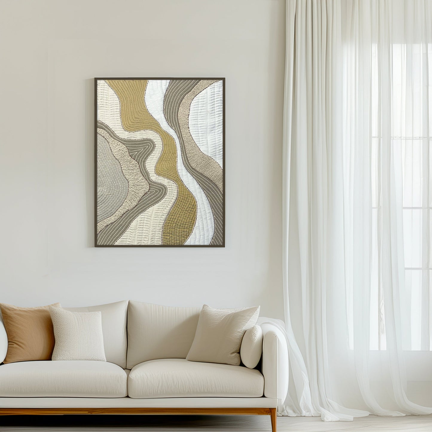 Quilted Textile WALL ART, Natural textures & Gold zari, unframed - Vliving