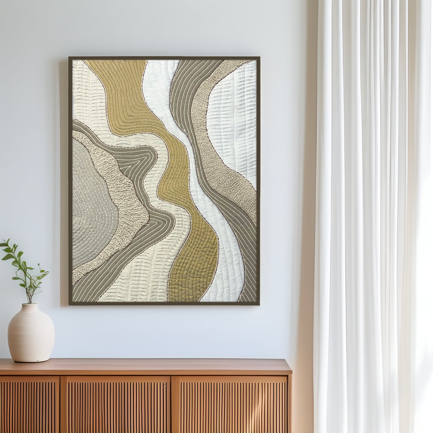 Quilted Textile WALL ART, Natural textures & Gold zari, unframed