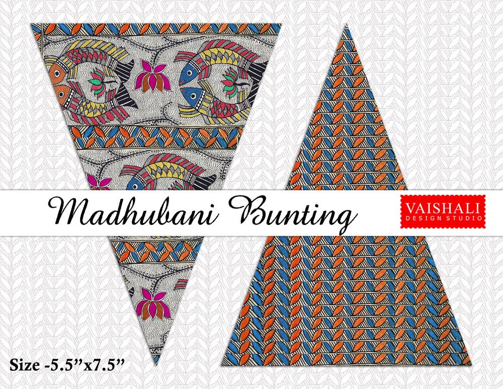 Printable trianglular buntings, madhubani art, 7.5"X5.5"