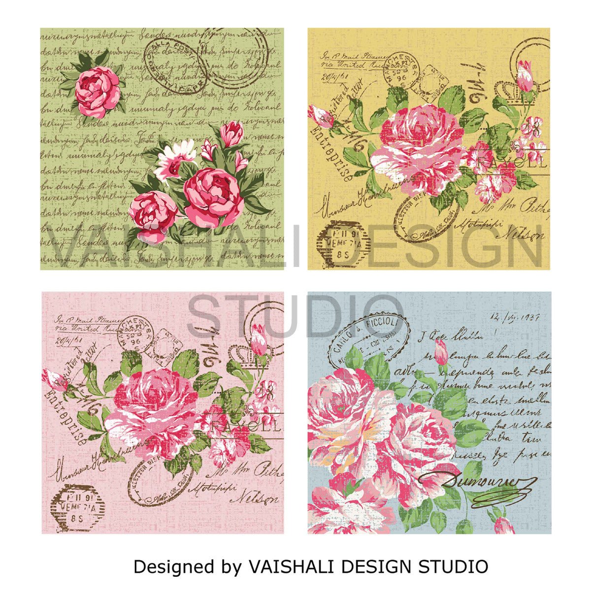 Shabby chic, vintage rose print, french ephemera, printable coasters, set of 4 designs, 3.8"X3.8"