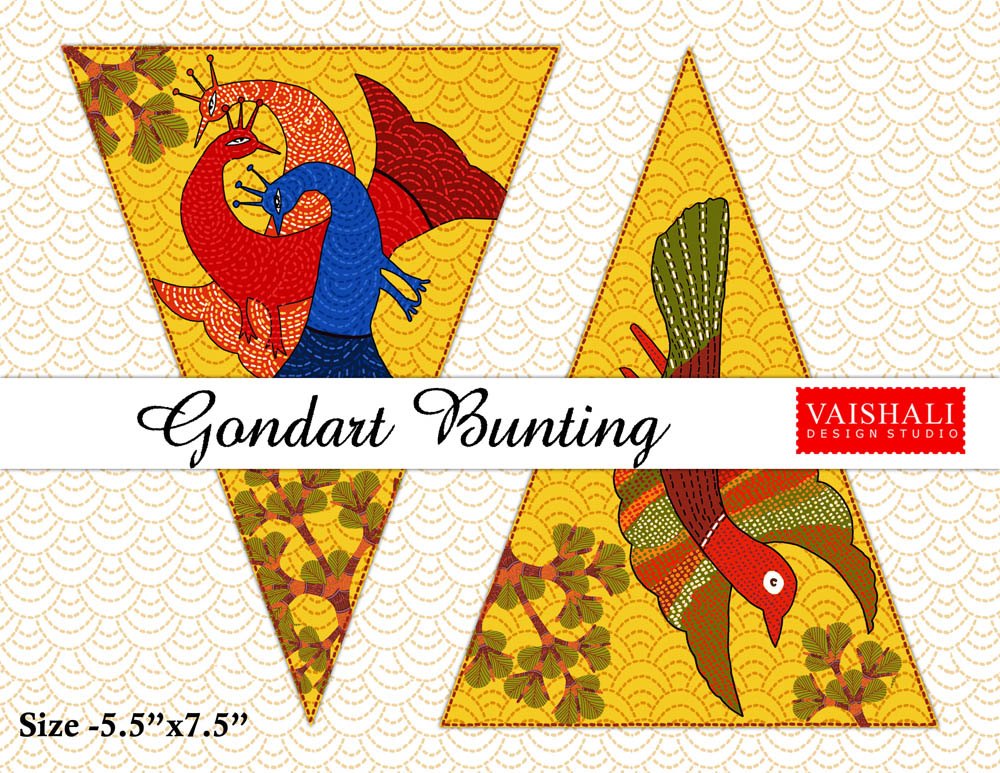 Printable trianglular buntings, gond art, 7.5"X5.5"