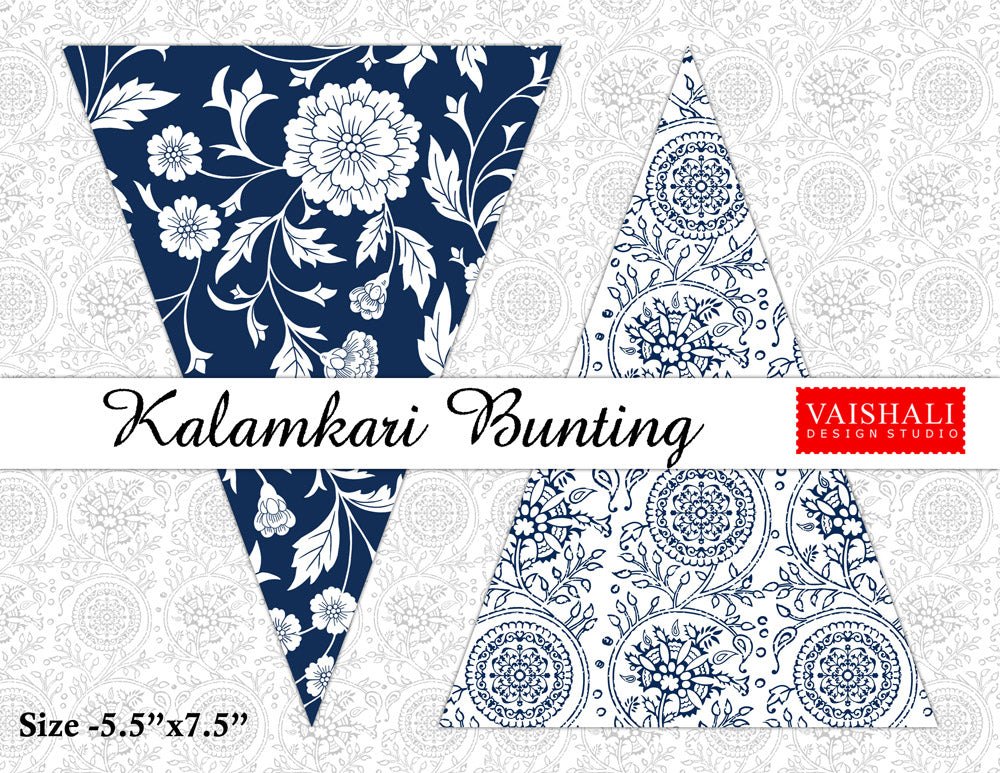 Printable trianglular buntings, kalamkari art, 7.5"X5.5"