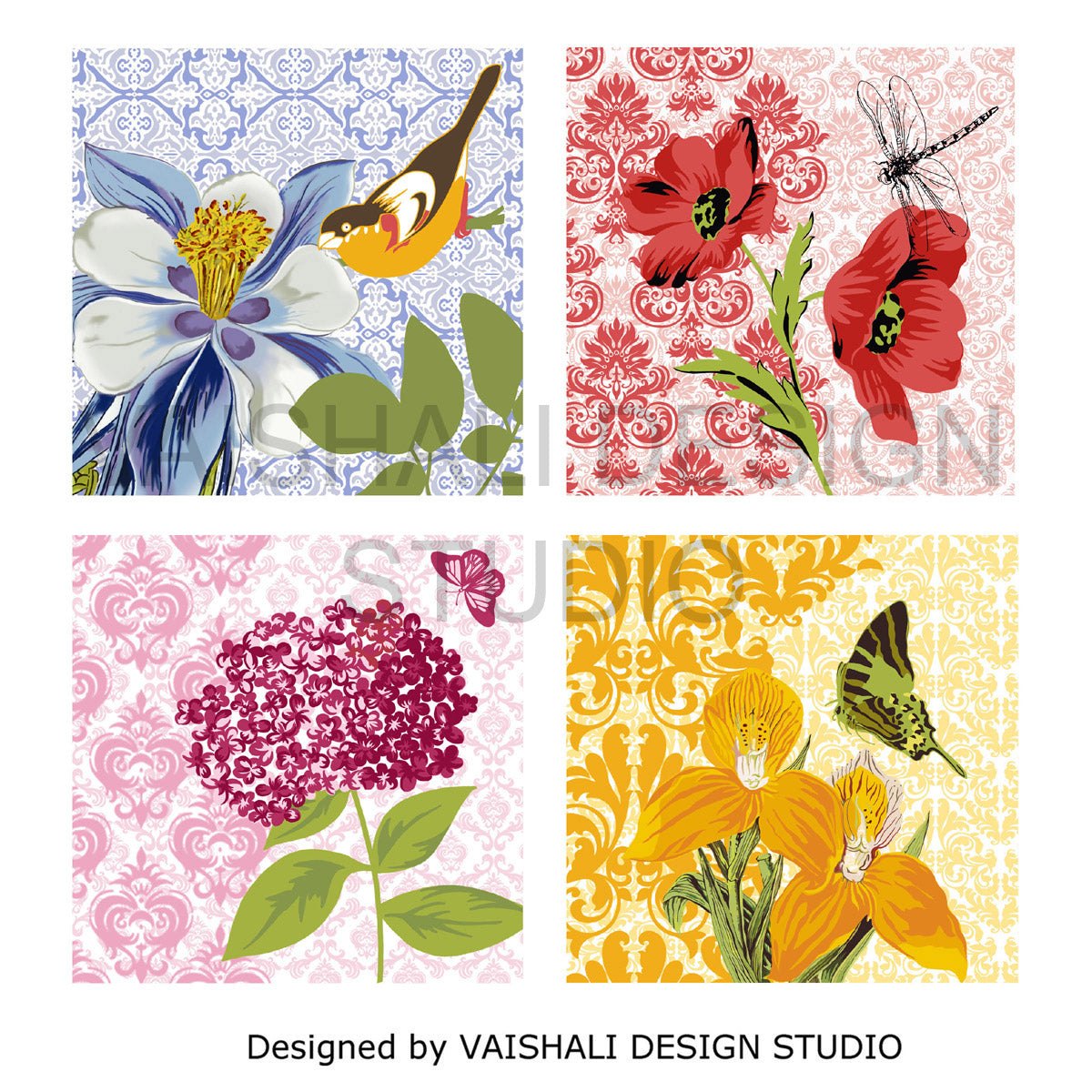 Floral coaster, tuscan garden, printable coasters, set of 4 designs, 3.8"X3.8"
