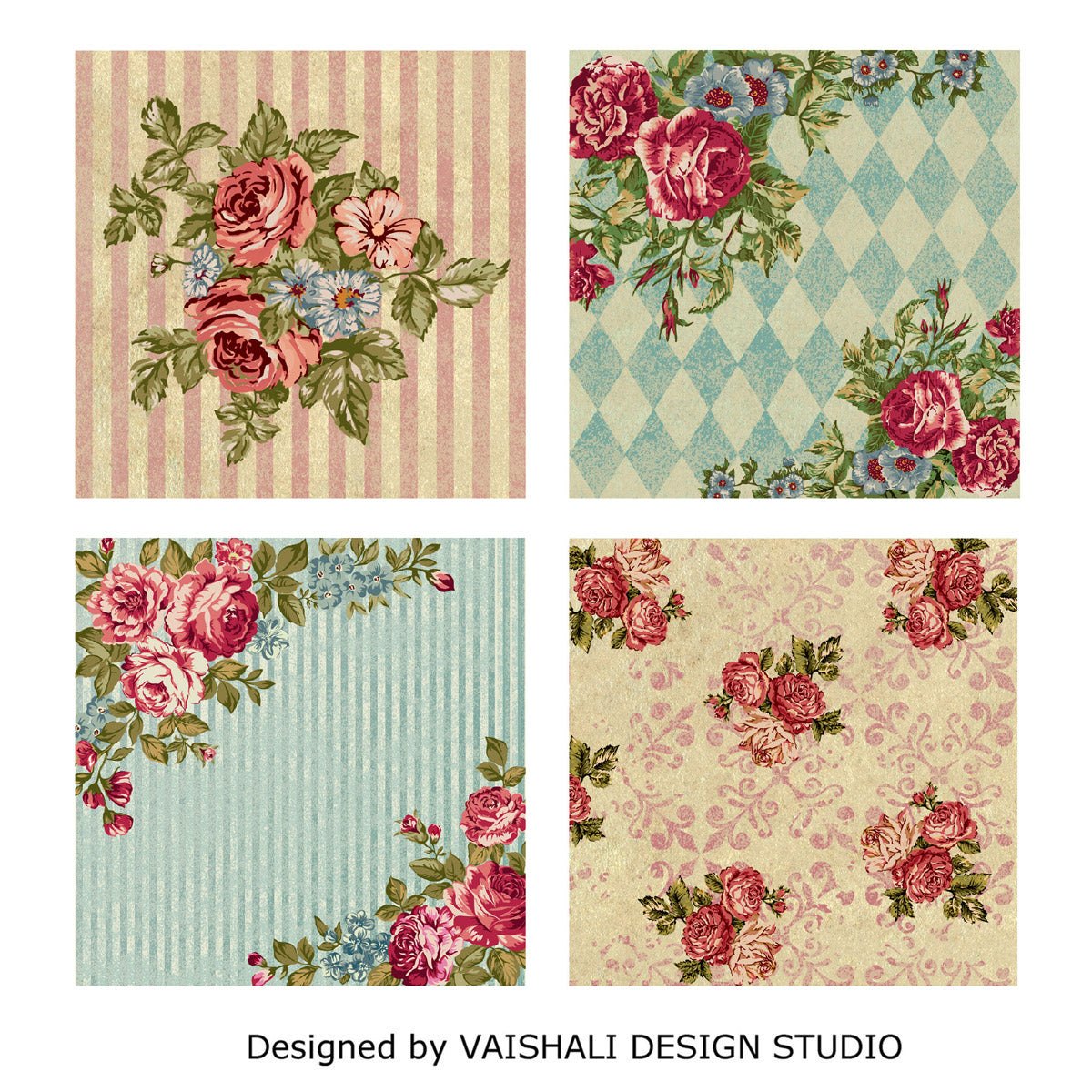 French vintage, shabby chic florals, printable coasters, set of 4 designs, 3.8"X3.8"