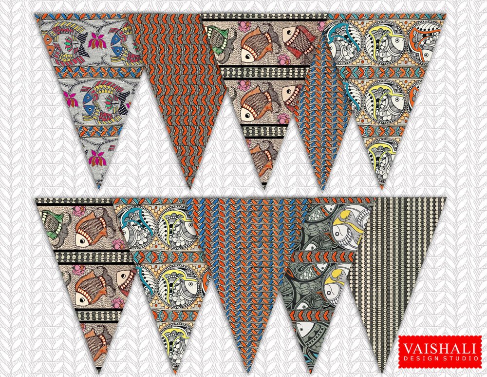 Printable trianglular buntings, madhubani art, 7.5"X5.5"
