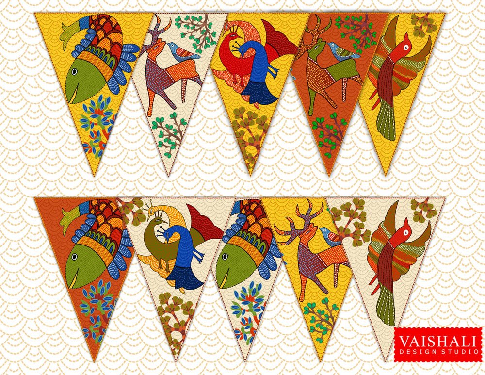 Printable trianglular buntings, gond art, 7.5"X5.5"