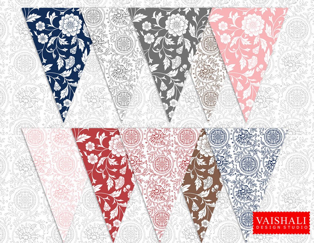 Printable trianglular buntings, kalamkari art, 7.5"X5.5"