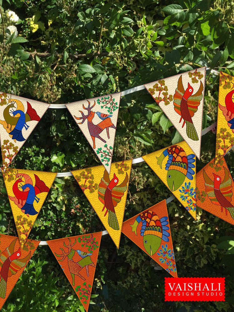 Printable trianglular buntings, gond art, 7.5"X5.5"