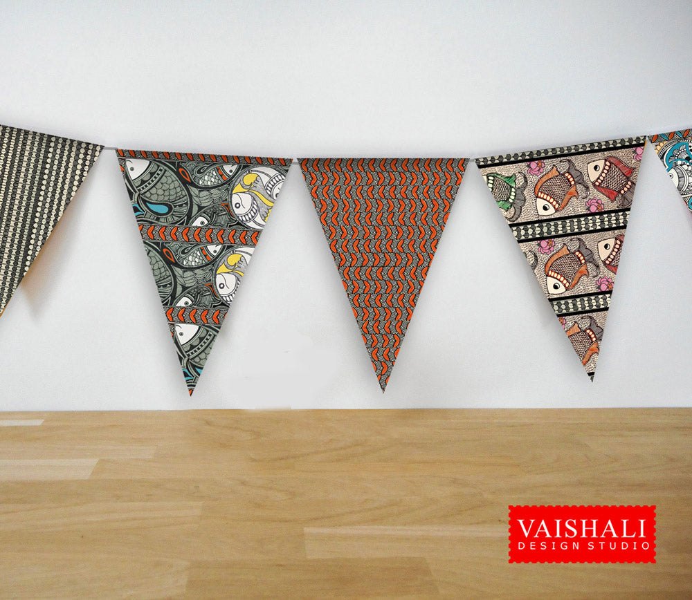 Printable trianglular buntings, madhubani art, 7.5"X5.5"