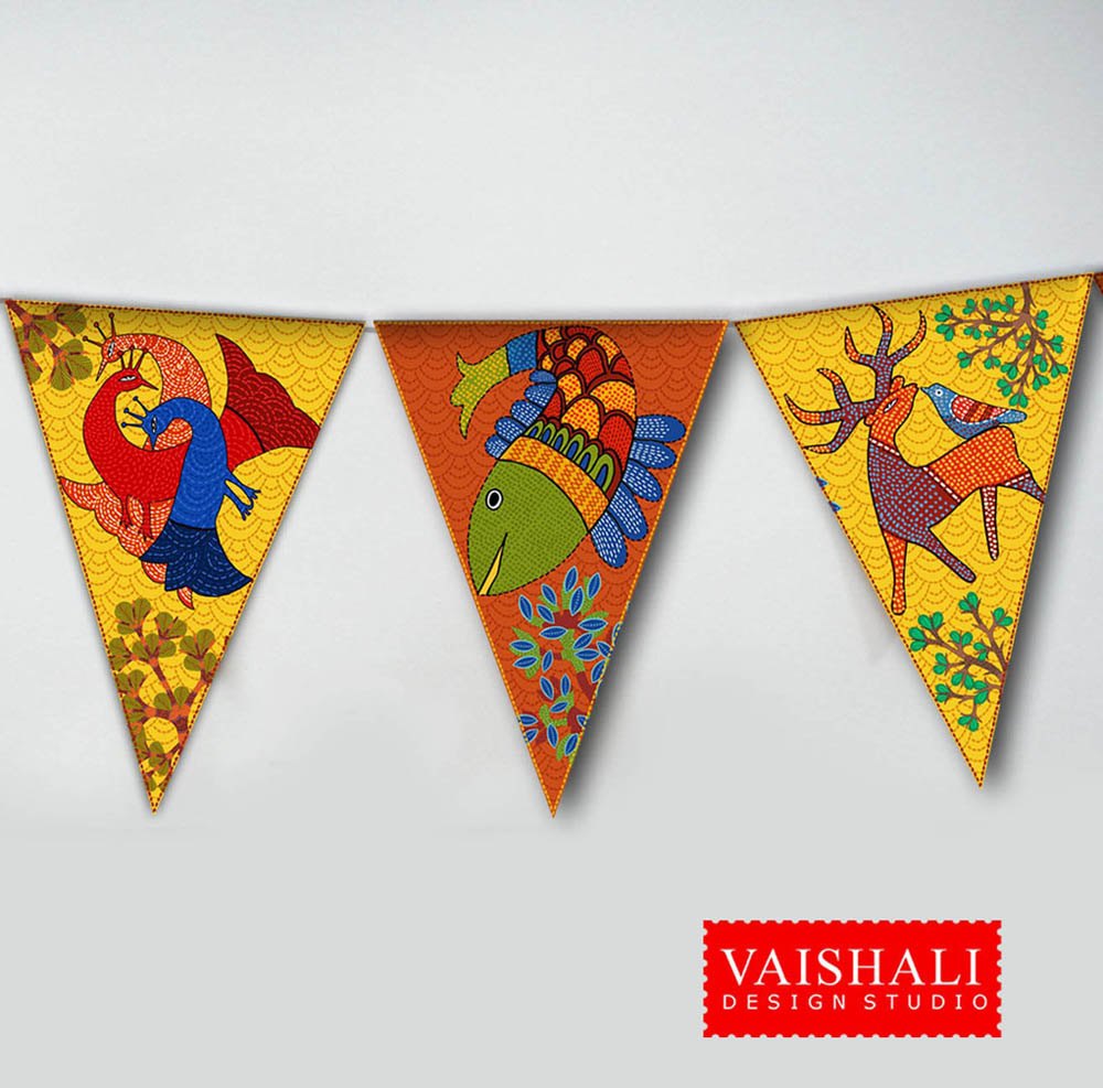 Printable trianglular buntings, gond art, 7.5"X5.5"
