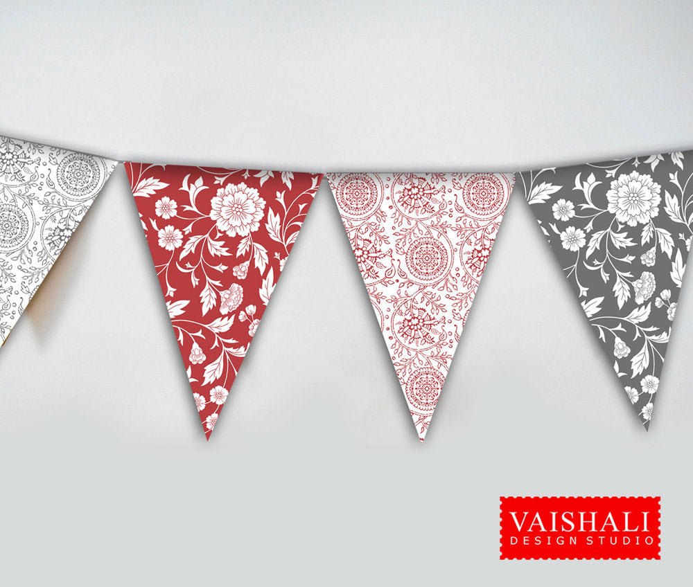 Printable trianglular buntings, kalamkari art, 7.5"X5.5"