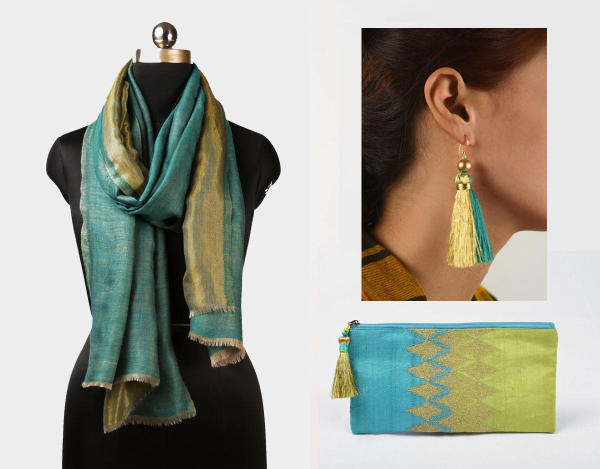 3 PC GIFT PACK - fine wool & zari stole with silk embroidered clutch and twin threader earrings