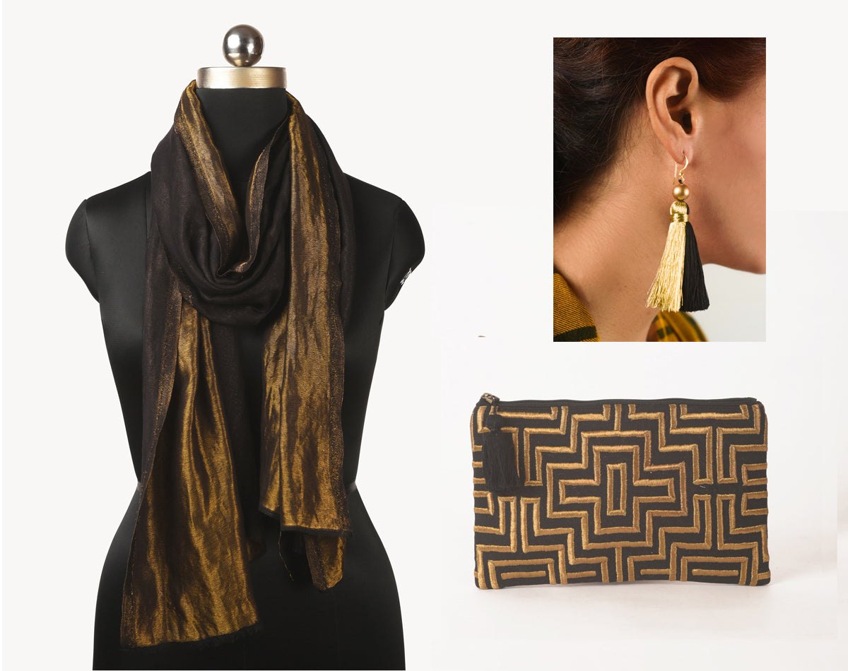 3 PC GIFT PACK - fine wool & zari stole with embroidered clutch and twin threader earrings